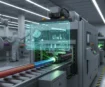 Ultra-realistic industrial scene of a cable manufacturing factory. A modern machine vision system scans a moving cable with glowing laser lines and AI interface overlays. Emphasis on precision, speed, and futuristic smart-factory atmosphere.