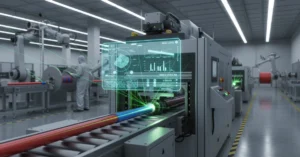 Ultra-realistic industrial scene of a cable manufacturing factory. A modern machine vision system scans a moving cable with glowing laser lines and AI interface overlays. Emphasis on precision, speed, and futuristic smart-factory atmosphere.