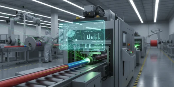 Ultra-realistic industrial scene of a cable manufacturing factory. A modern machine vision system scans a moving cable with glowing laser lines and AI interface overlays. Emphasis on precision, speed, and futuristic smart-factory atmosphere.