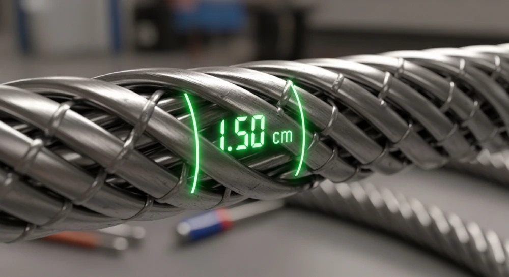AI in the wire and cable industry. Close-up of armored cable with real-time diameter measurement overlay