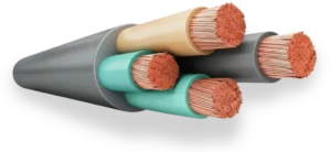 AI in the wire and cable industry. Close-up of armored cable with real-time diameter measurement overlay