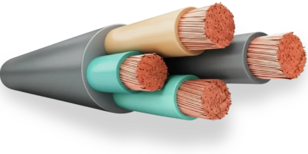 AI in the wire and cable industry. Close-up of armored cable with real-time diameter measurement overlay