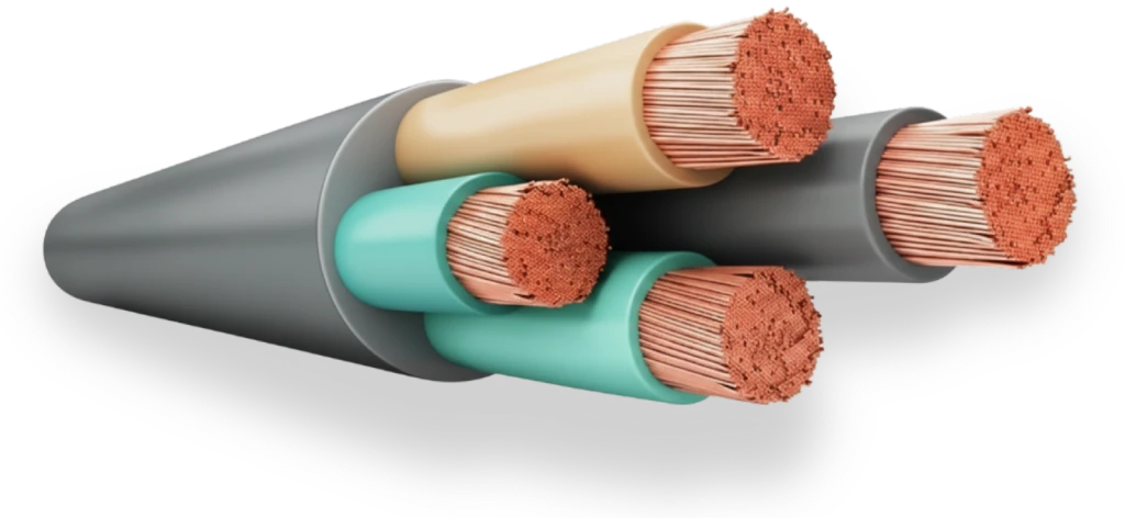 AI in the wire and cable industry. Close-up of armored cable with real-time diameter measurement overlay