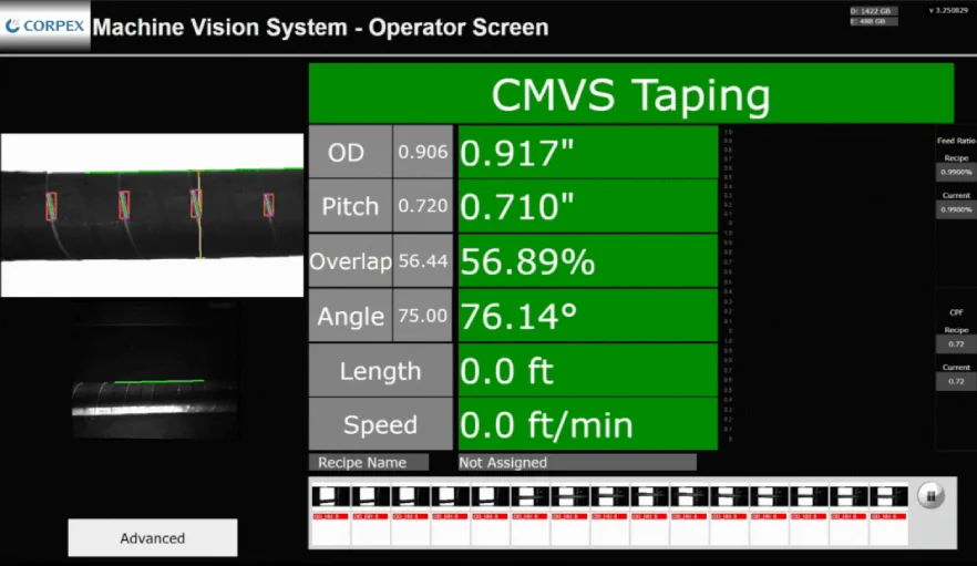 Digital production displays showcasing wire taping and armour inspection technologies used in manufacturing environments.