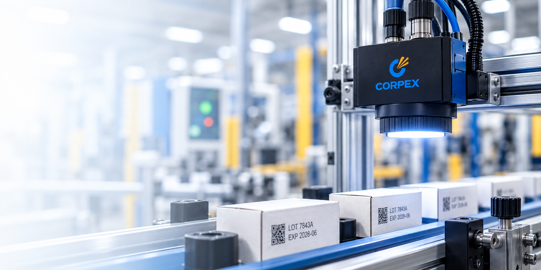CORPEX machine vision inspection system inspecting packages on a production line