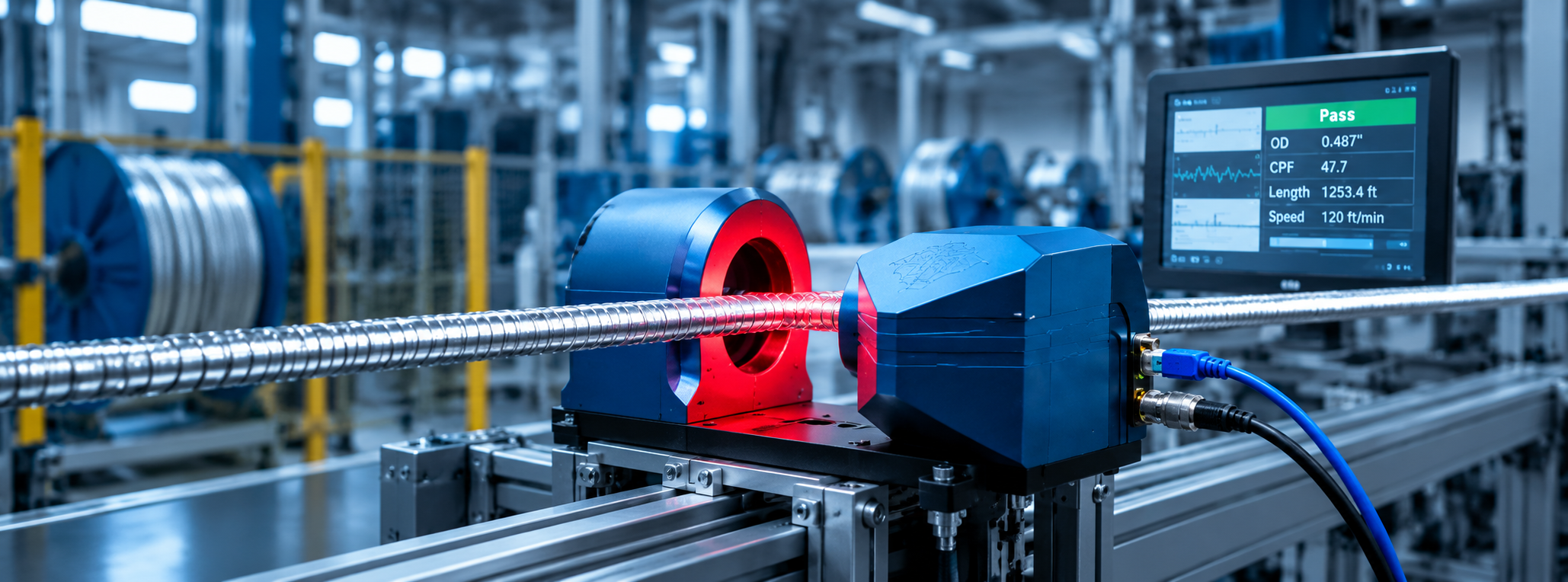 CORPEX CMVS-35 machine vision measurement system on armored cable production line
