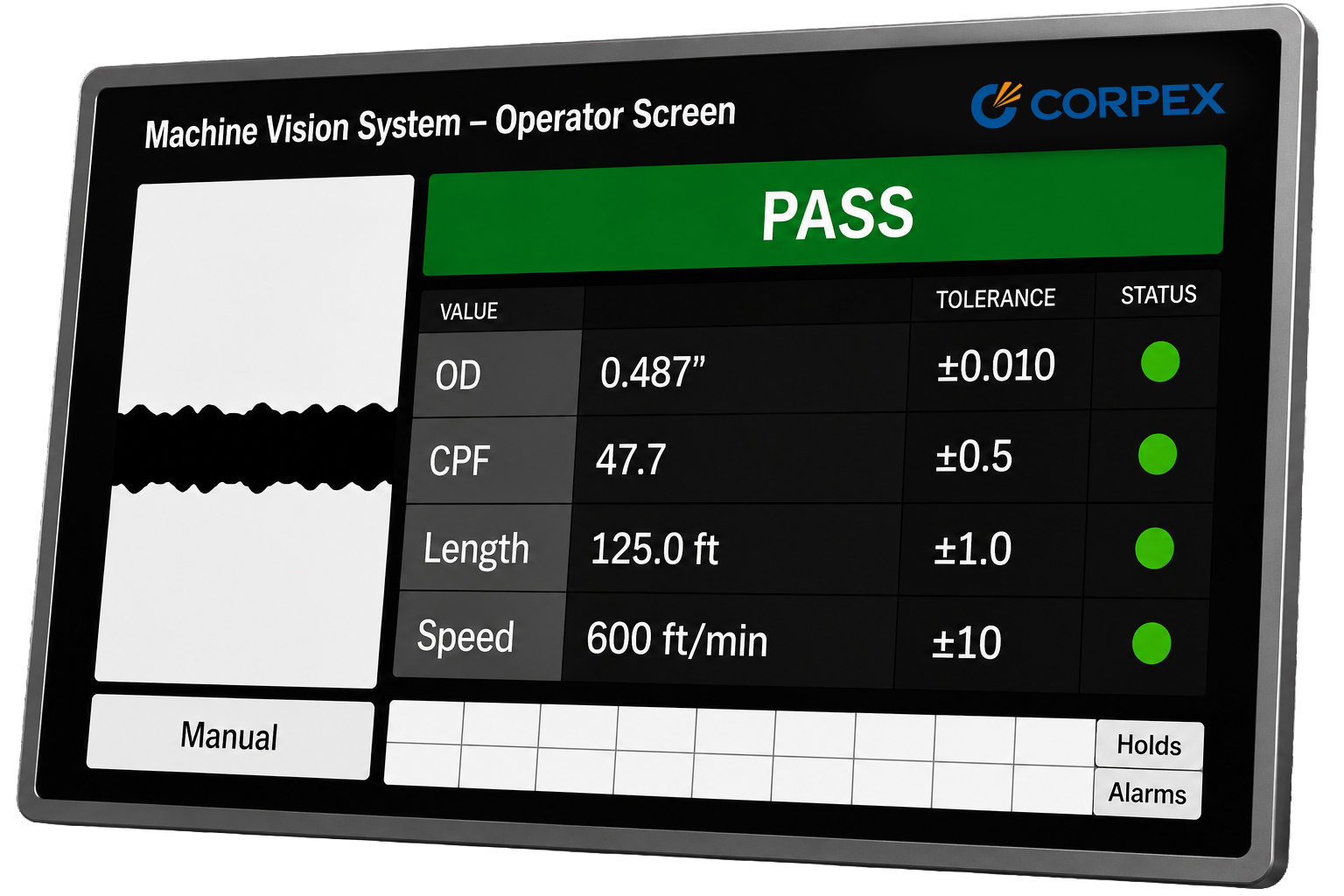 CORPEX bottling machine vision inspection operator screen